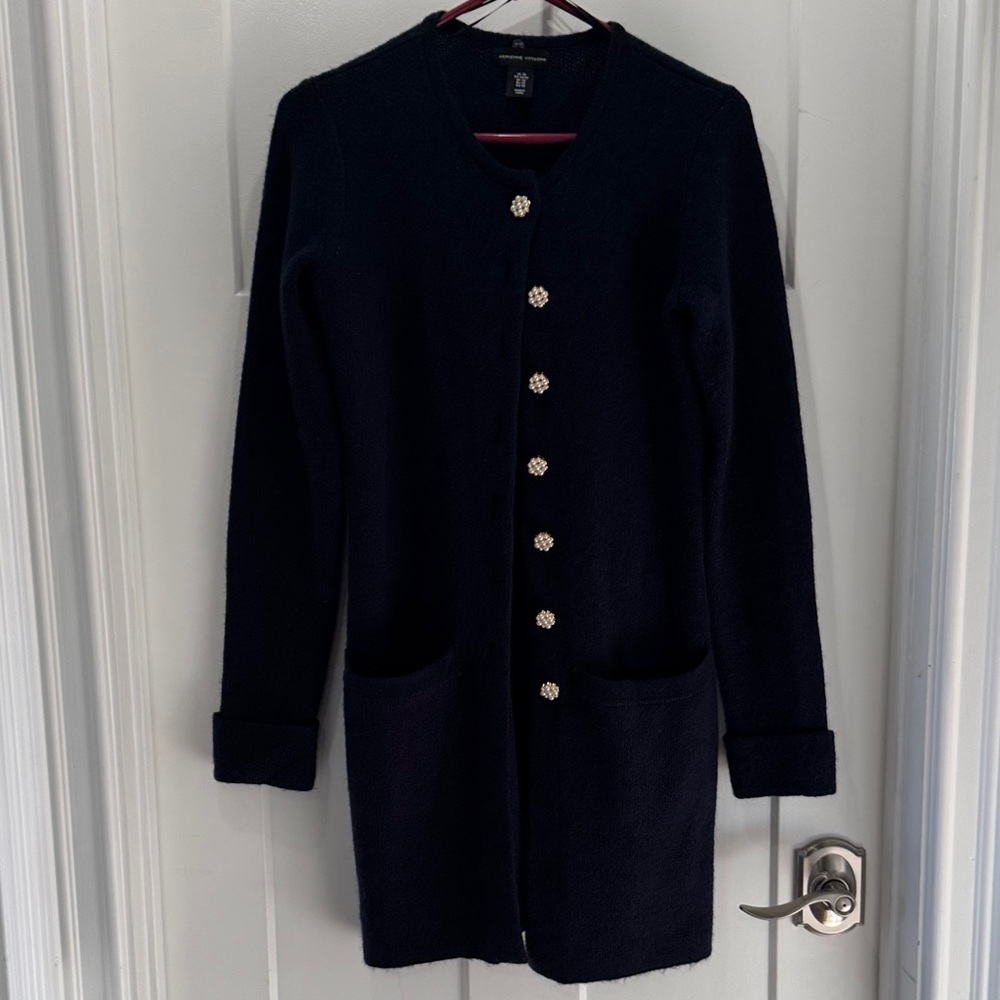 Adrienne Vittadini Navy Long Cardigan with Decorative Buttons